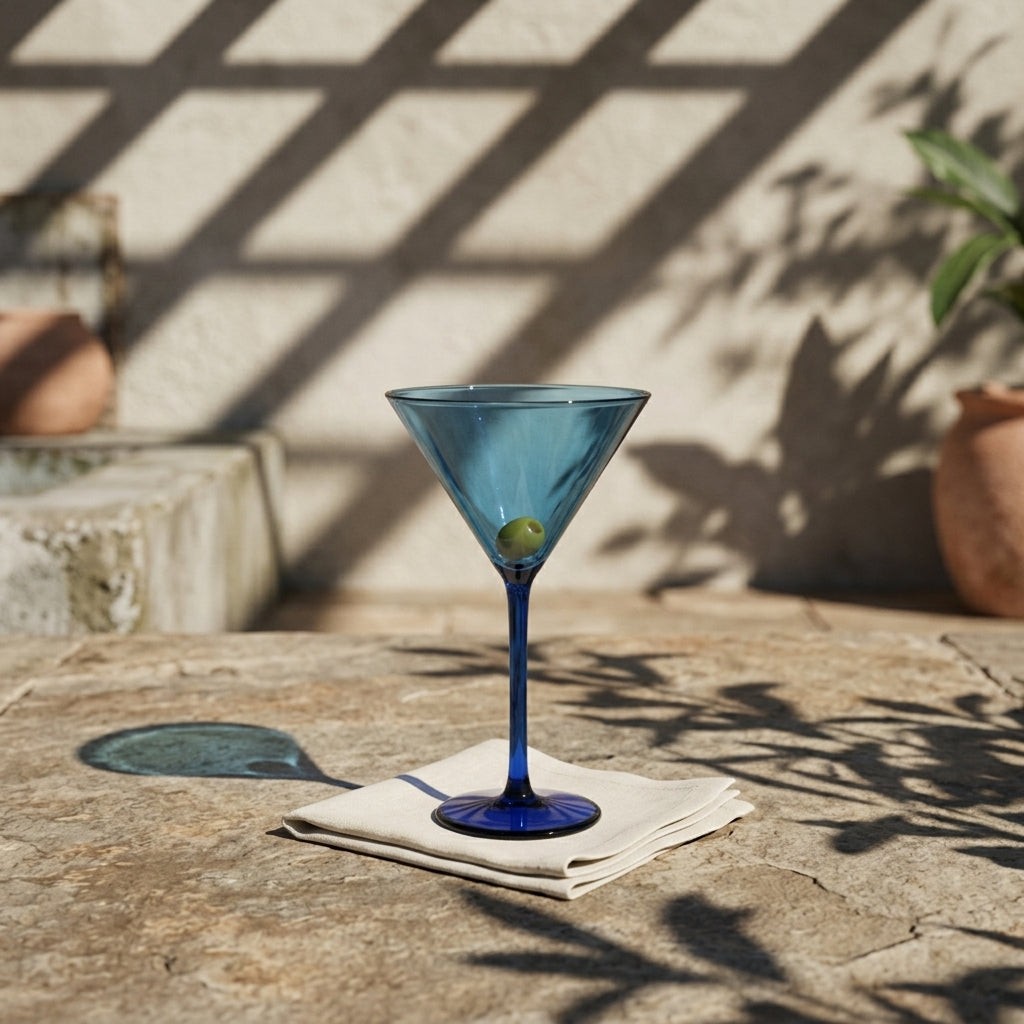 Blue cocktail glass with a green olive on a stone surface with leaf shadows